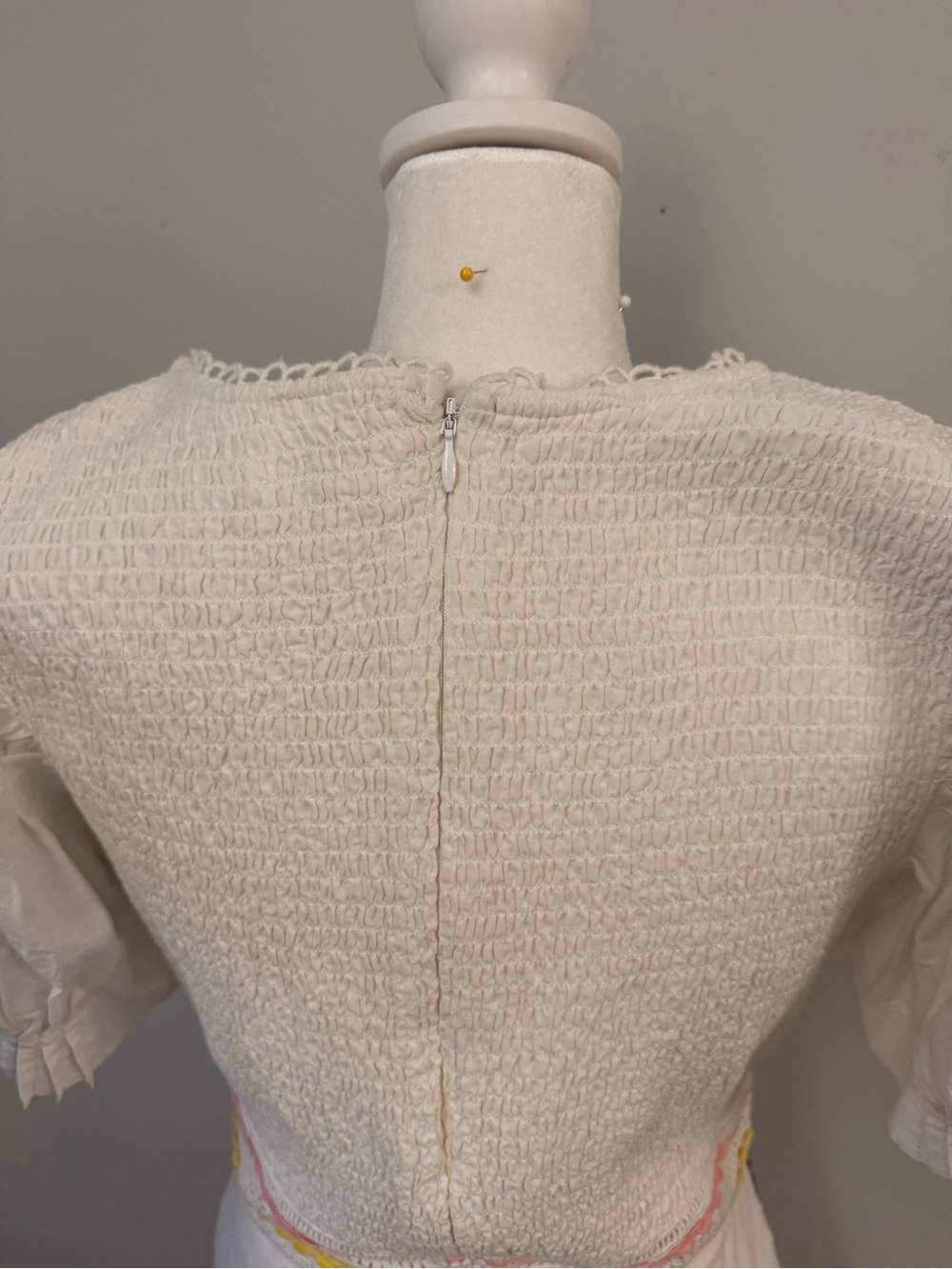 Boheme White Maxi Dress. Eyelet Embroidery and Blush/Yellow Trim - Picture 16 of 16